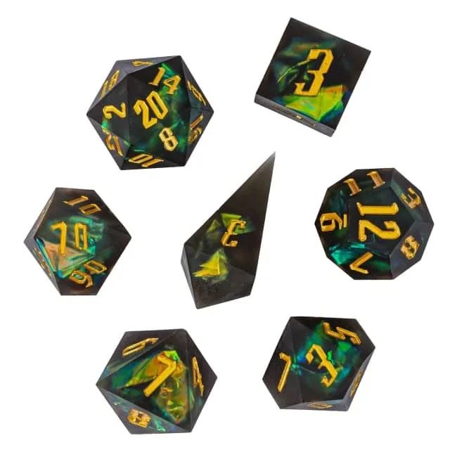 Green Candy in Frosted Black Sharp Resin - 7pcs RPG Dice Set