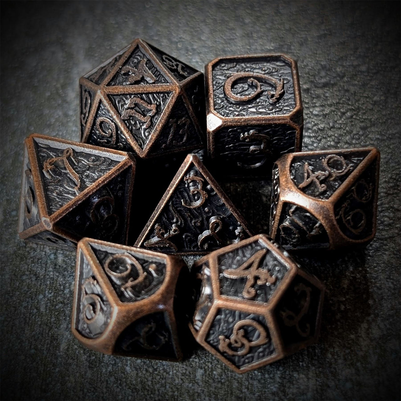 Copper Metal with Dragon Font - 7pcs RPG Dice Set