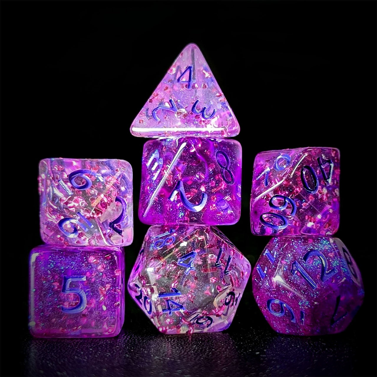 Glitter in Clear Pink Acrylic - 7pcs RPG Full Dice Set Dark Stack