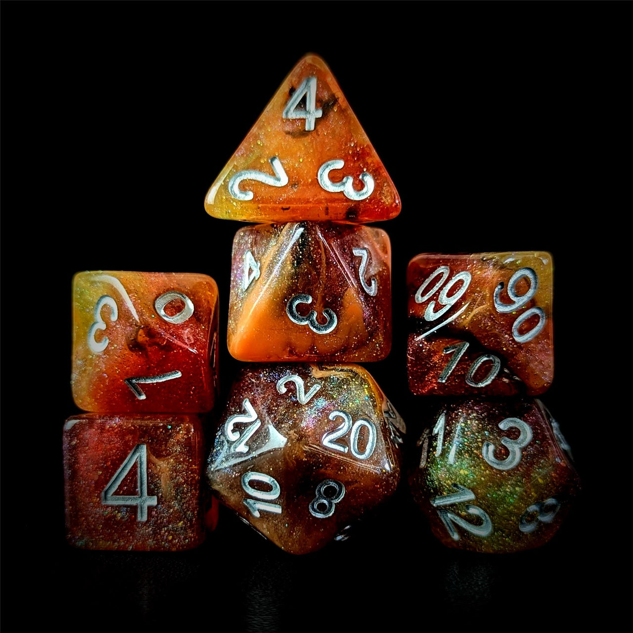 Glitter in Orange & Brown with Gold Resin - 7pcs RPG Full Dice Set