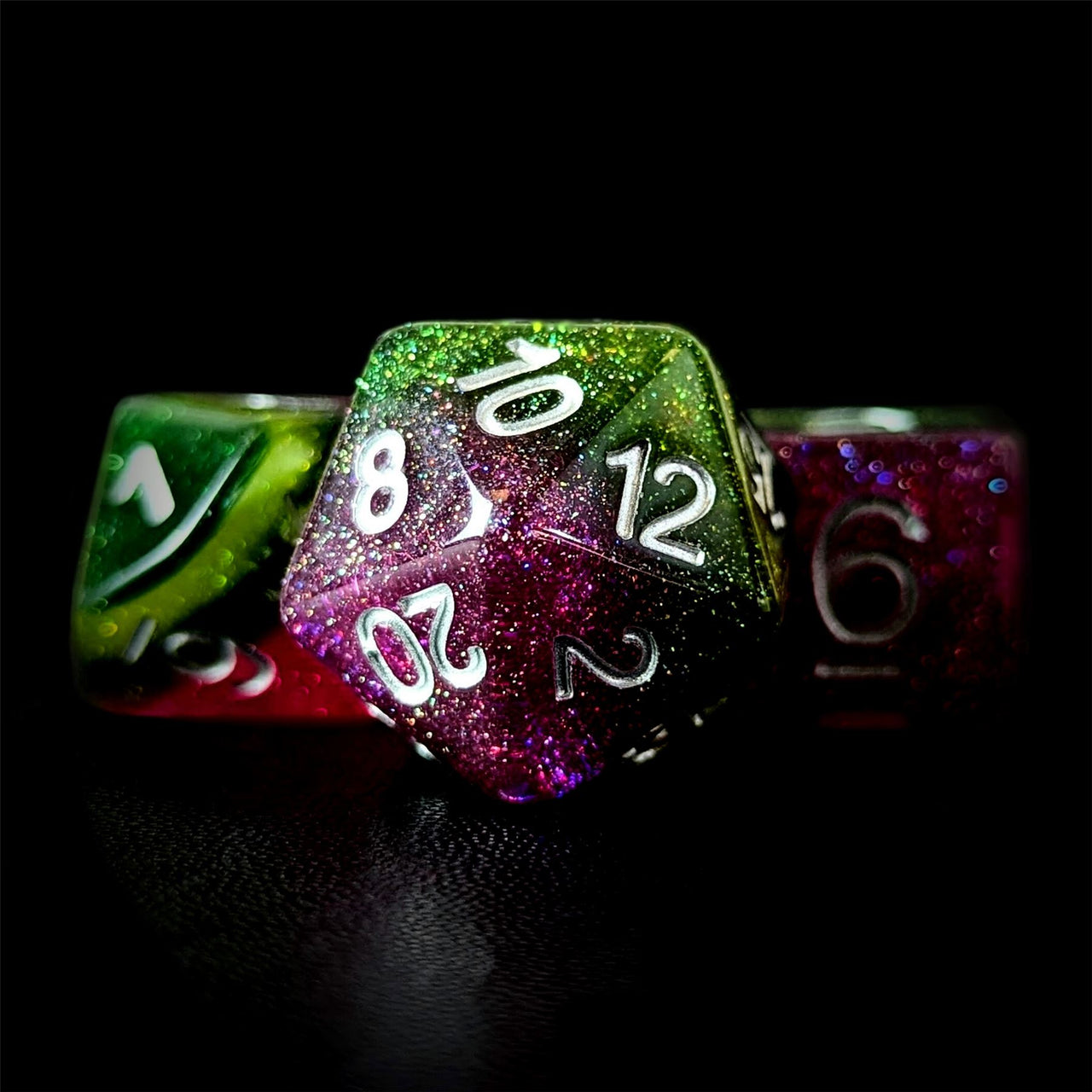 Glitter Purple, Yellow & Green Resin - 7pcs RPG Full Dice Set