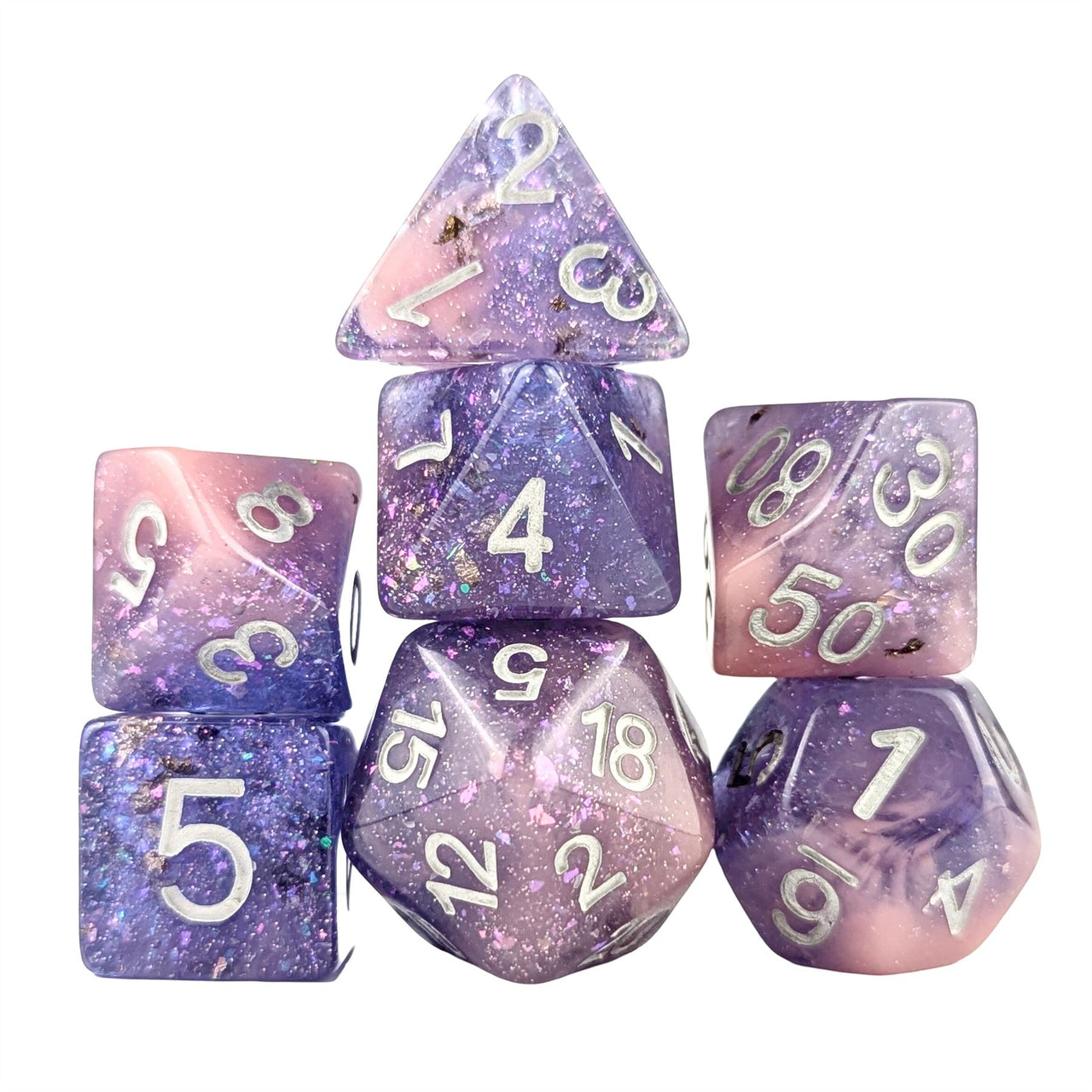 Glitter in Purple & Pink Resin - 7pcs RPG Full Dice Set