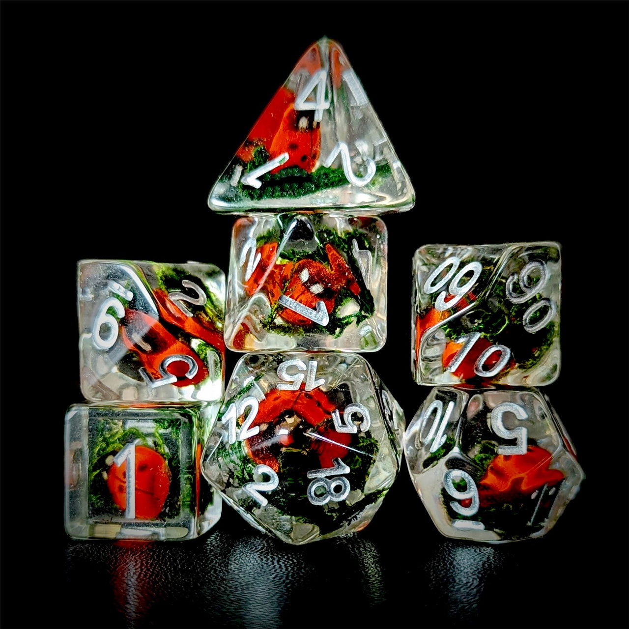 Ladybird in Moss Clear Resin - 7pcs RPG Full Dice Set