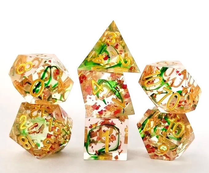 Green Swirl in Clear with Gold Foil Sharp Resin - 7pcs RPG Dice Set