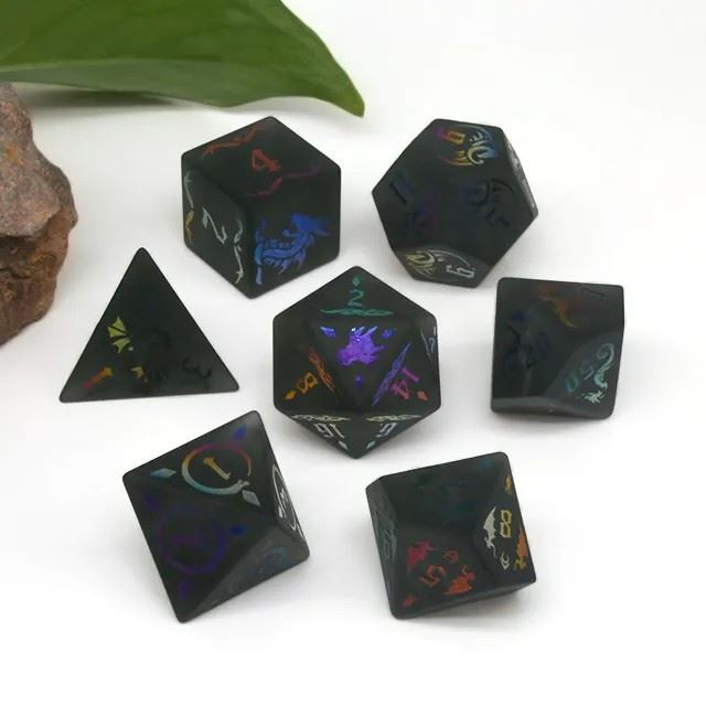 Dragon on Cracked & Frosted Grey Glass - 7pcs RPG Dice Set