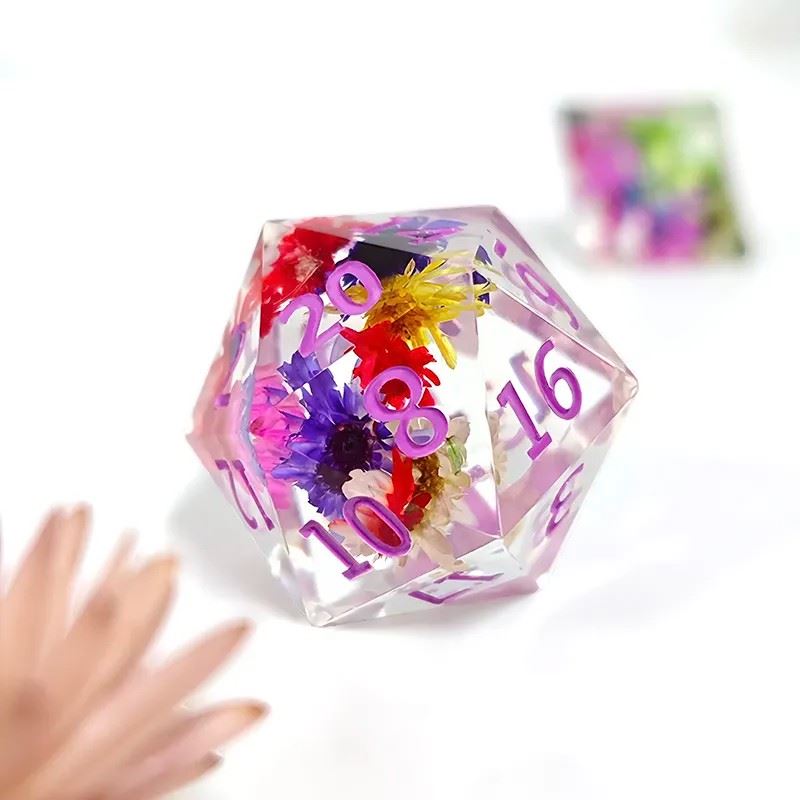 Flowers in Clear Filled Sharp Resin - 7pcs RPG Dice Set