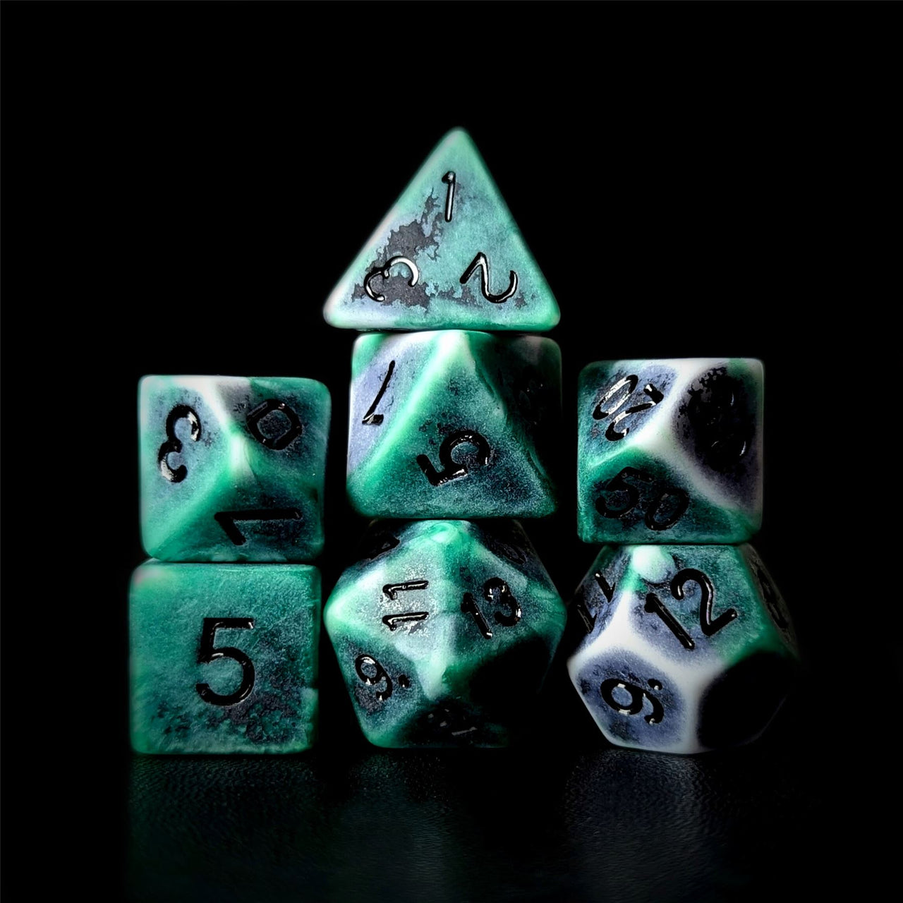 Washed Green on White Acrylic - 7pcs RPG Full Dice Set Dark Stack