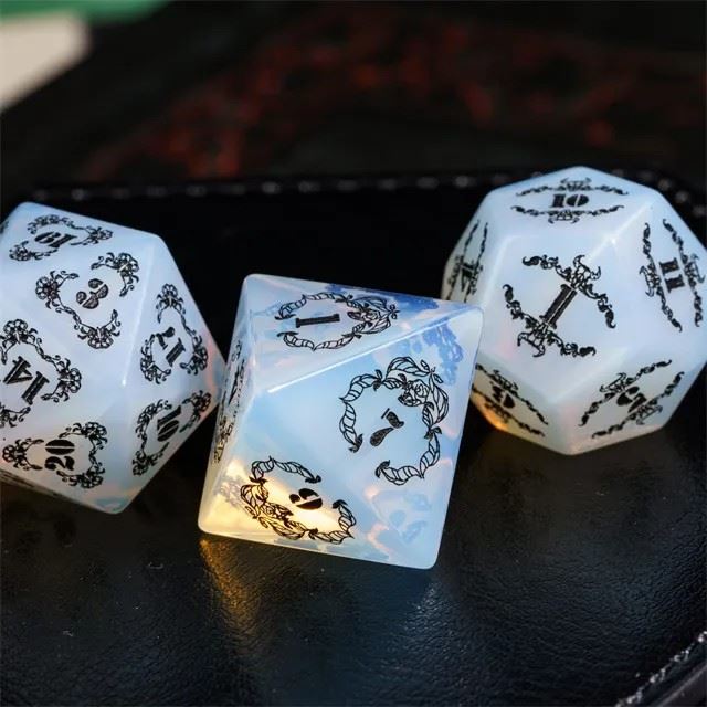 Skulls on White Opalite Gemstone - 7pcs RPG Dice Set