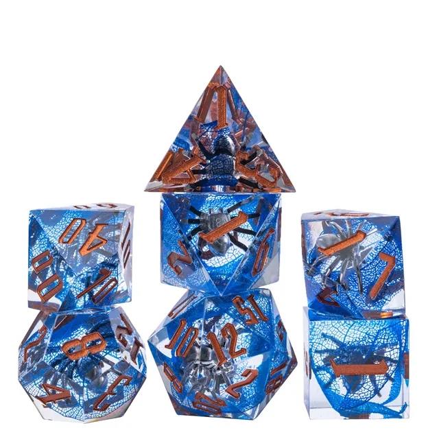 Spider in Clear & Blue Filled Sharp Resin - 7pcs RPG Dice Set