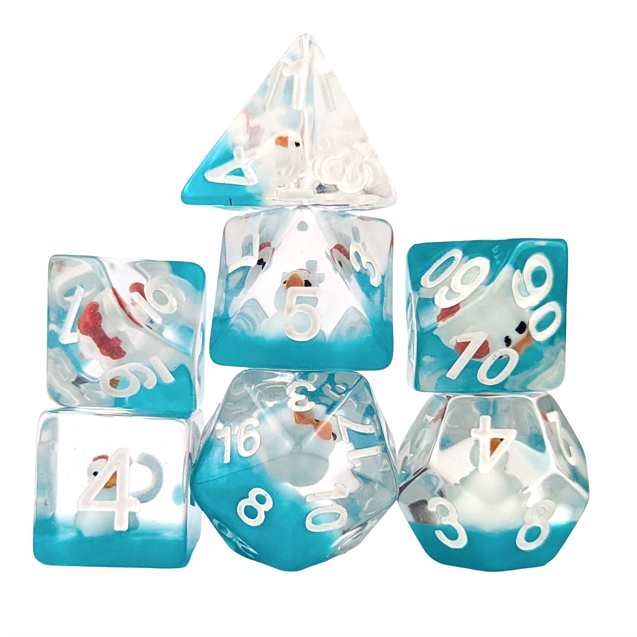 White Duck in Clear & Blue Resin - 7pcs RPG Full Dice Set