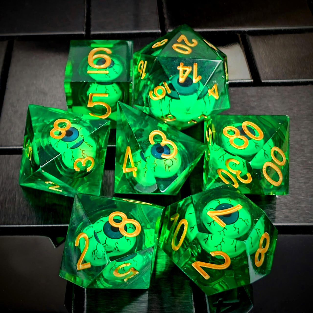 Green Eye Ball in Clear & Blue Liquid Filled Sharp Resin - 7pcs RPG Dice Set
