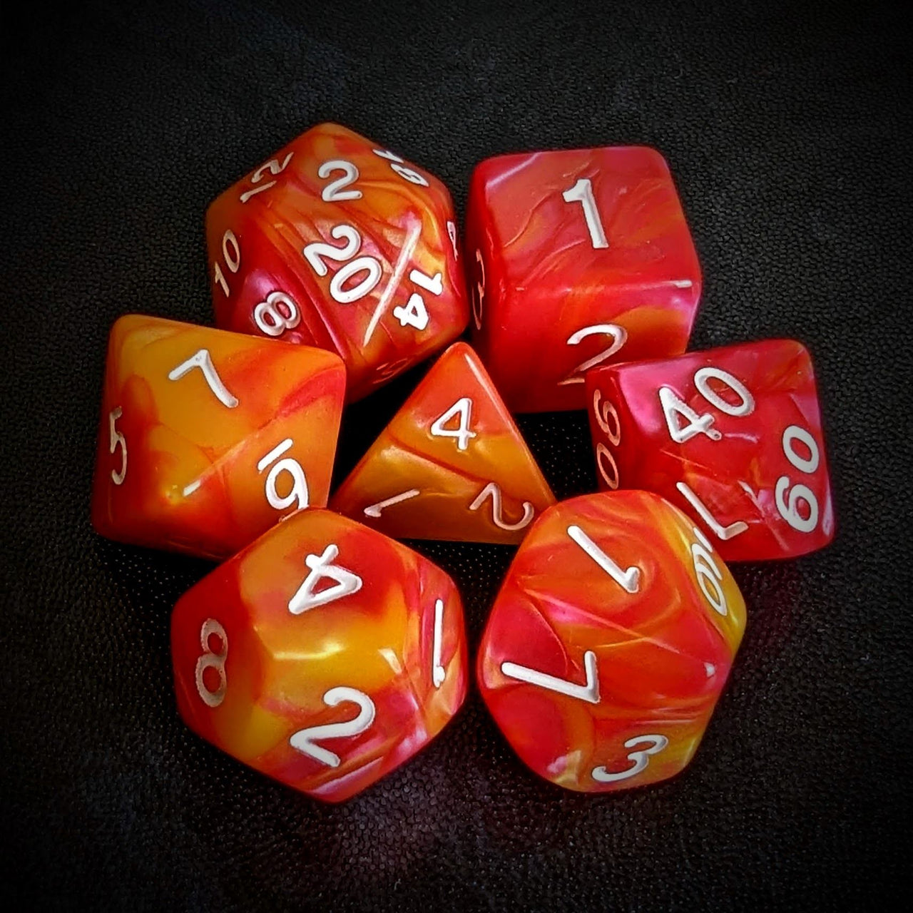 Red & Orange Silk Acrylic - 7pcs RPG Full Dice Set Top