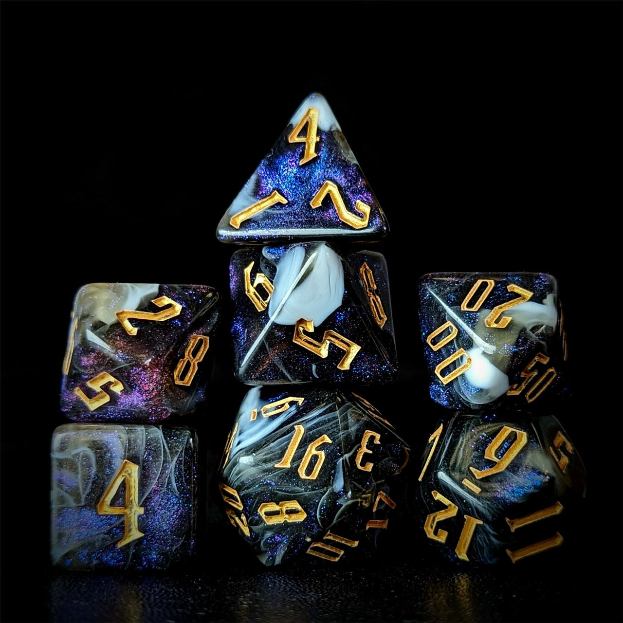 Glitter in White & Black Acrylic - 7pcs RPG Full Dice Set Dark Stack