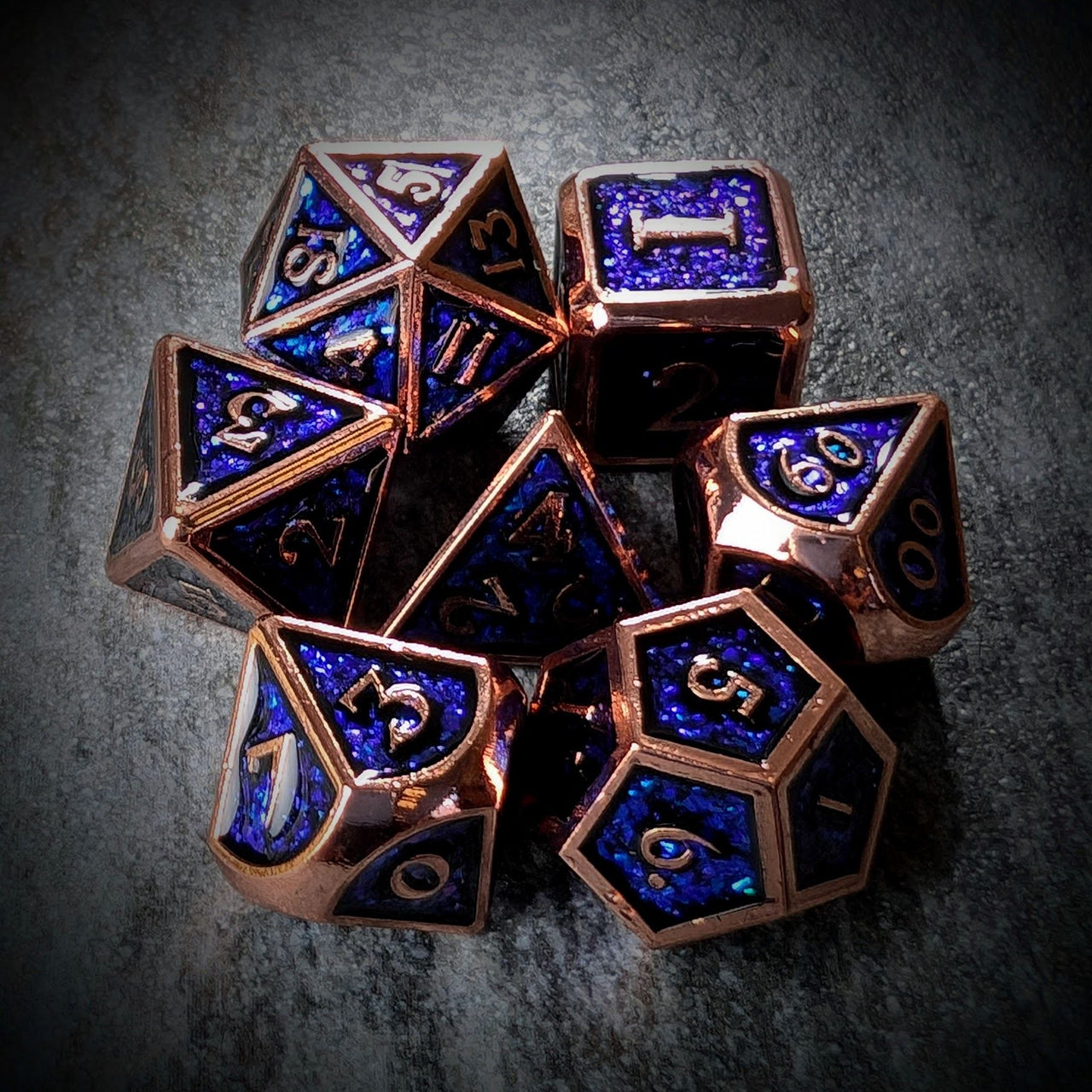 Glitter Blue Enamel in Copper Metal - 7pcs RPG Dice Set