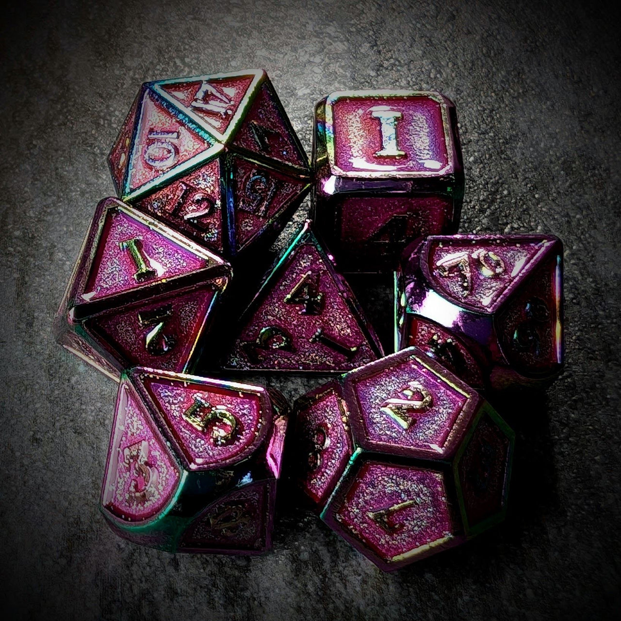 Glitter Pink Enamel in Rainbow Metal - 7pcs RPG Dice Set