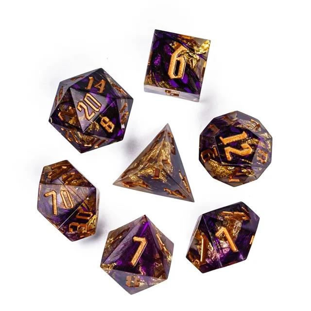 Foil Feather Black, Purple & Clear Filled Sharp Resin - 7pcs RPG Dice Set