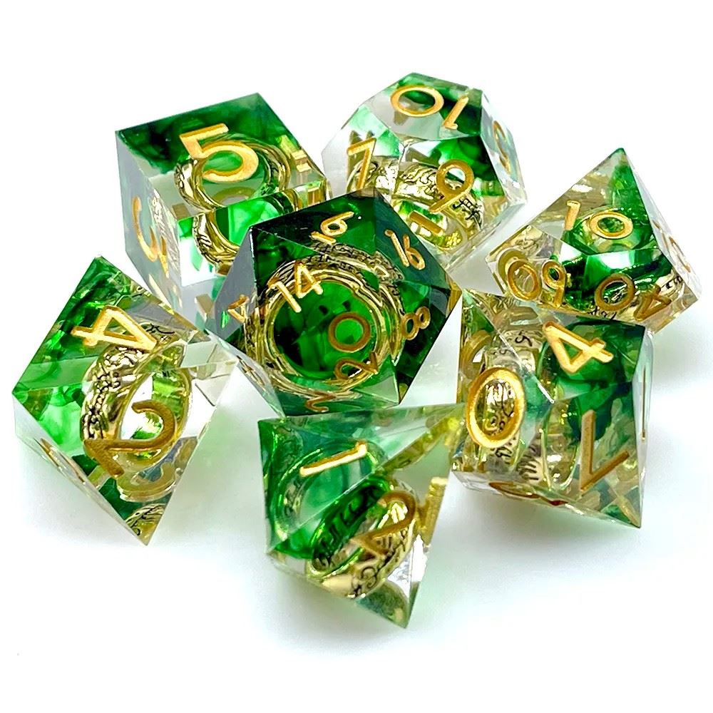 Gold Ring in Green & Clear Filled Sharp Resin - 7pcs RPG Dice Set