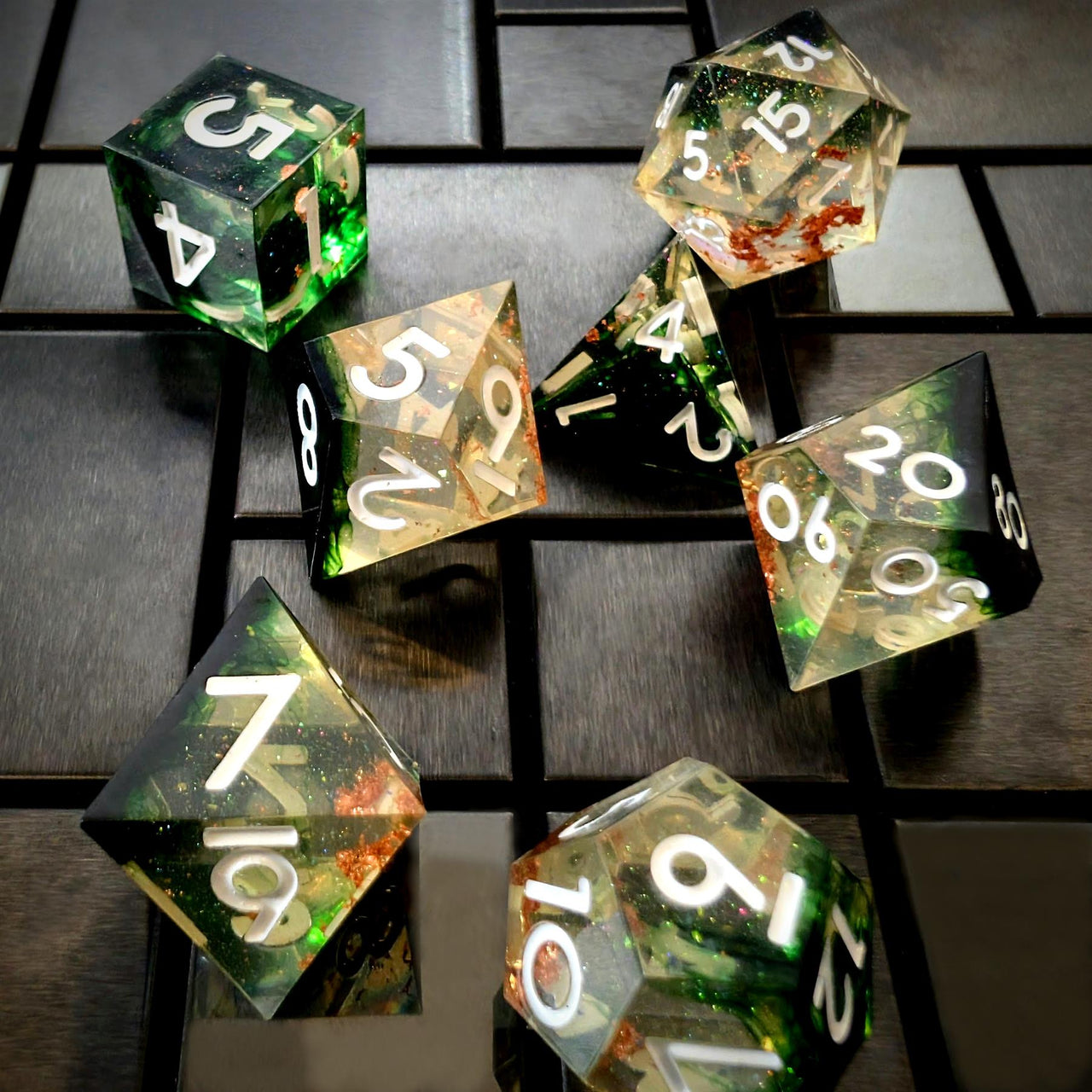 Green Swirl in Black & Clear with Copper Foil Sharp Resin - 7pcs RPG Dice Set