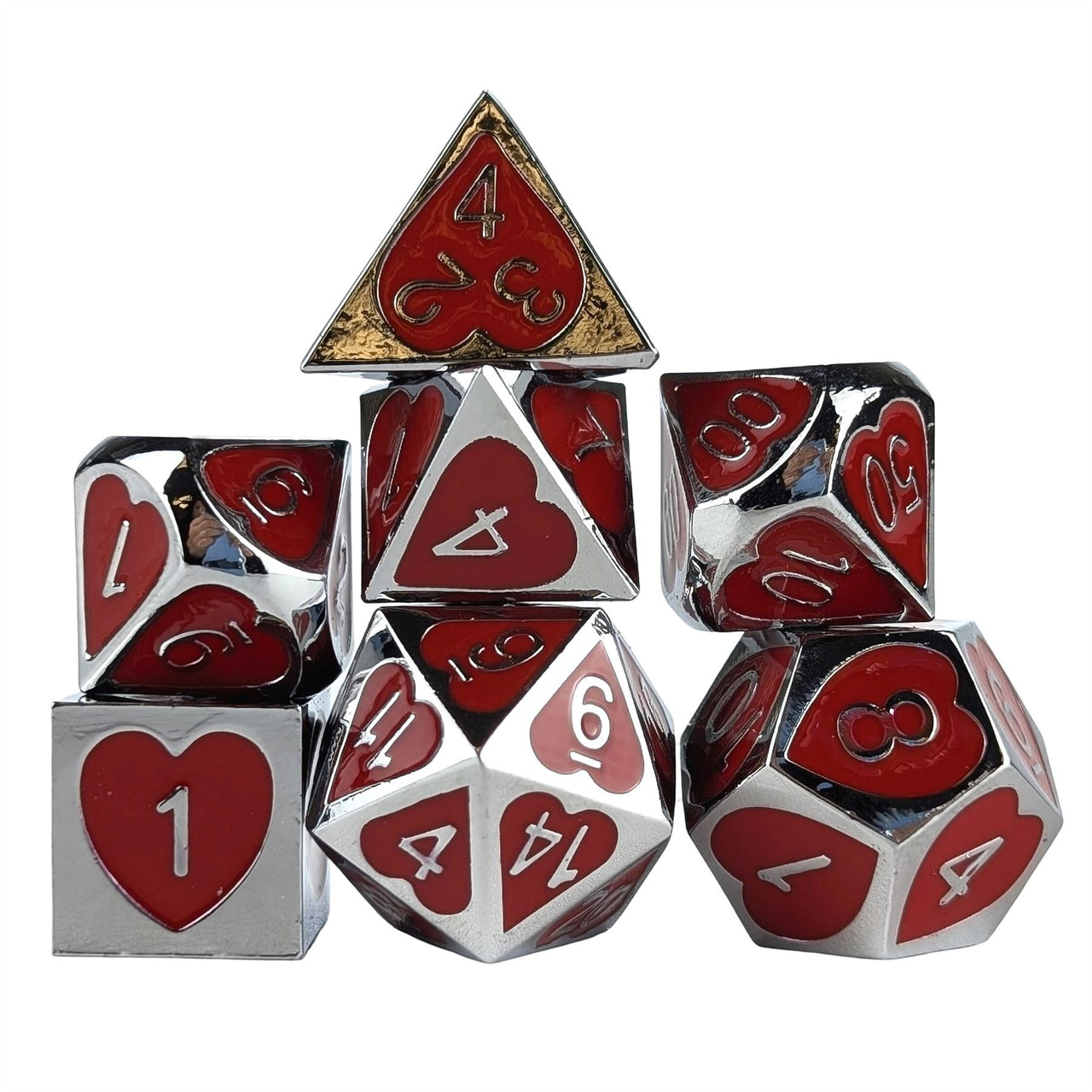 Red Heart Enamel in Silver Metal - 7pcs RPG Dice Set