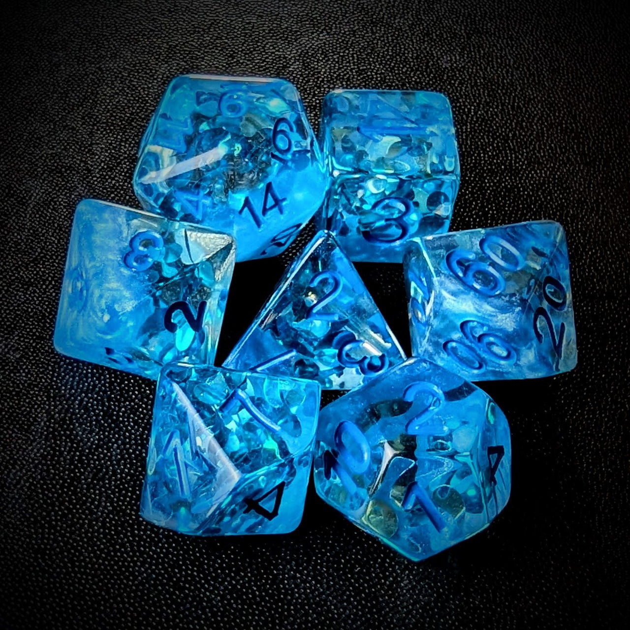 Water Drops in Clear & Blue Resin - 7pcs RPG Full Dice Set