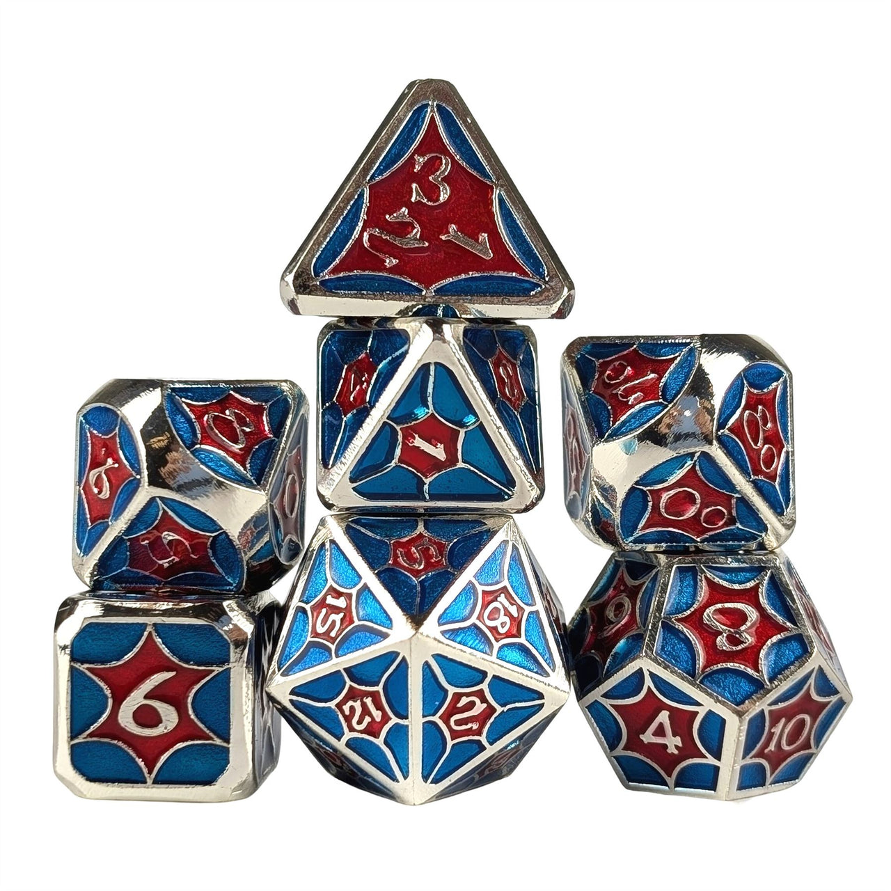 Blue & Red Spider's Web in Silver Metal - 7pcs RPG Dice Set