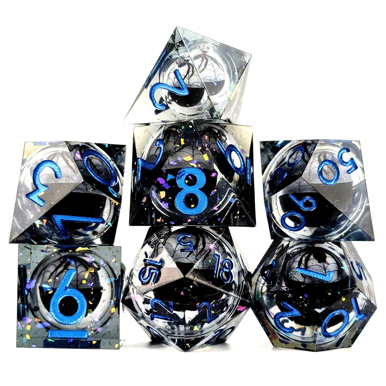 Spider Ball in Clear & Black Filled Sharp Resin - 7pcs RPG Dice Set