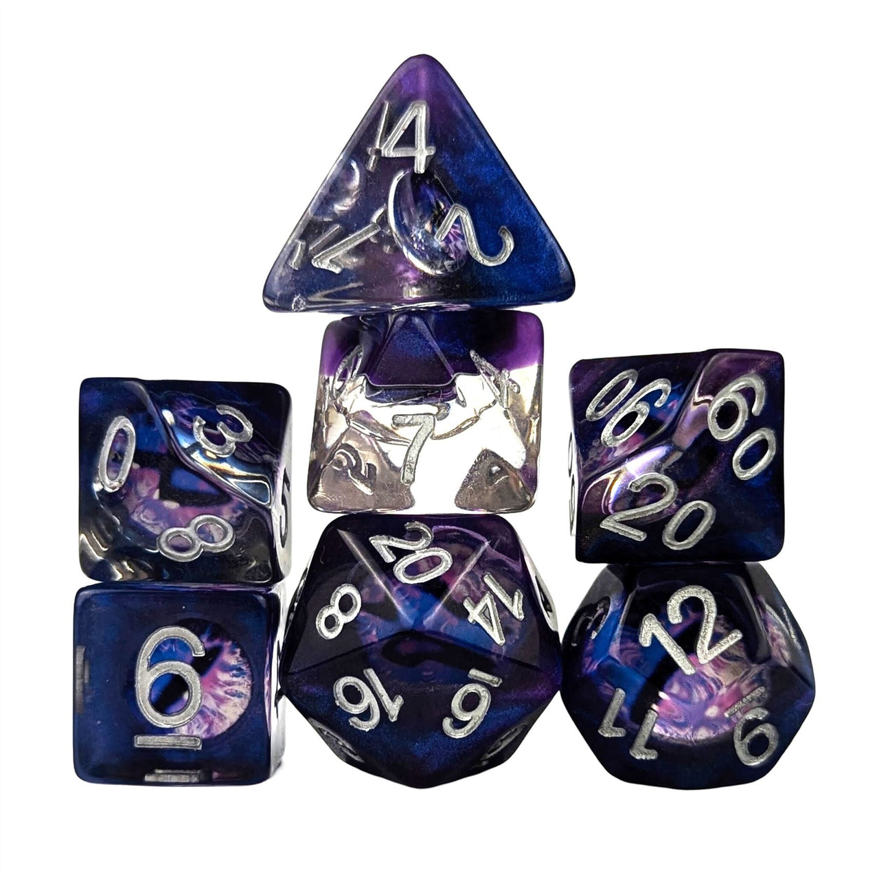 Demon Eye in Clear & Purple Resin - 7pcs RPG Full Dice Set