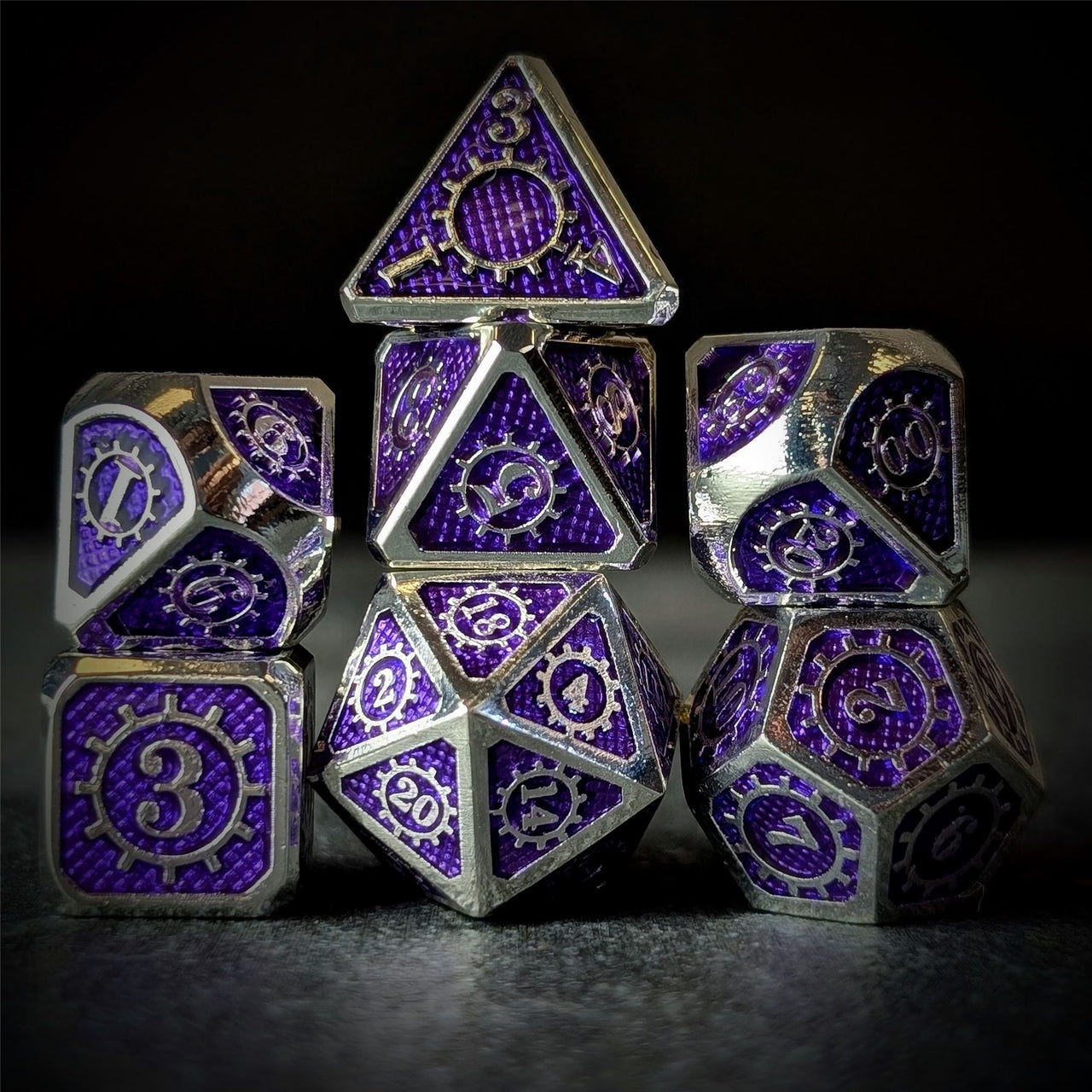 Gear in Purple Enamel Silver Metal - 7pcs RPG Dice Set