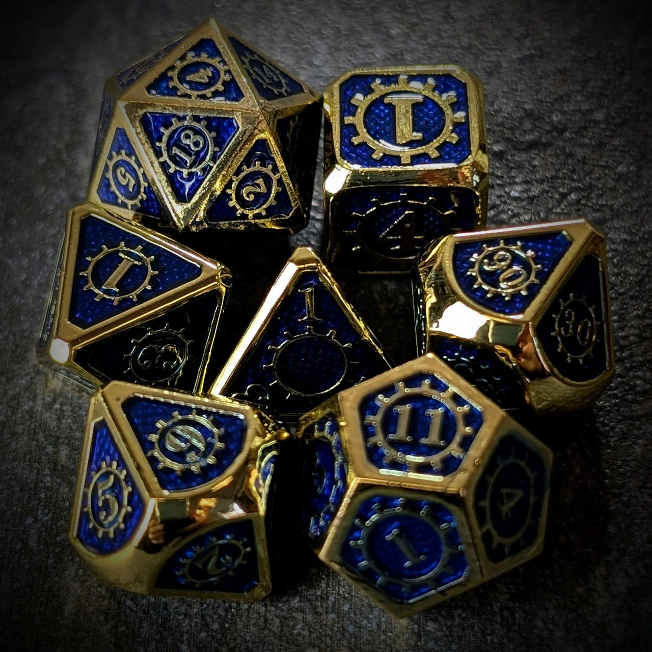 Gear in Blue Enamel Gold Metal - 7pcs RPG Dice Set