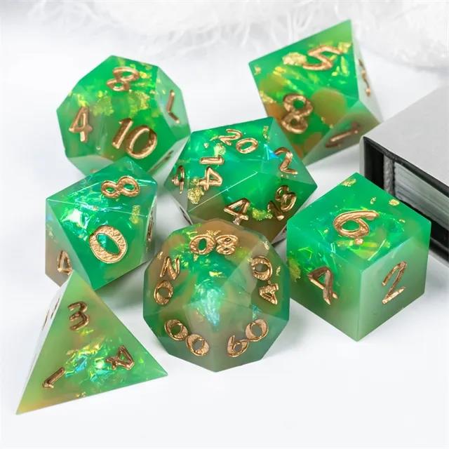 Candy in Green & Orange with Copper Foil Sharp Resin - 7pcs RPG Dice Set