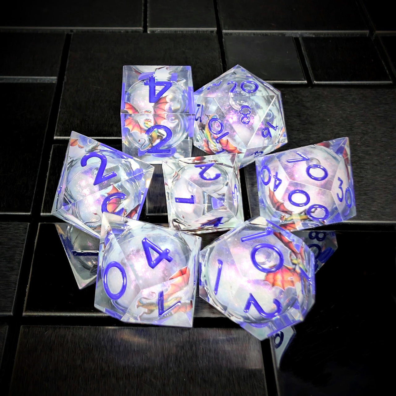 7pcs Dice Sharp Filled Liquid Purple Font Dragon Clear