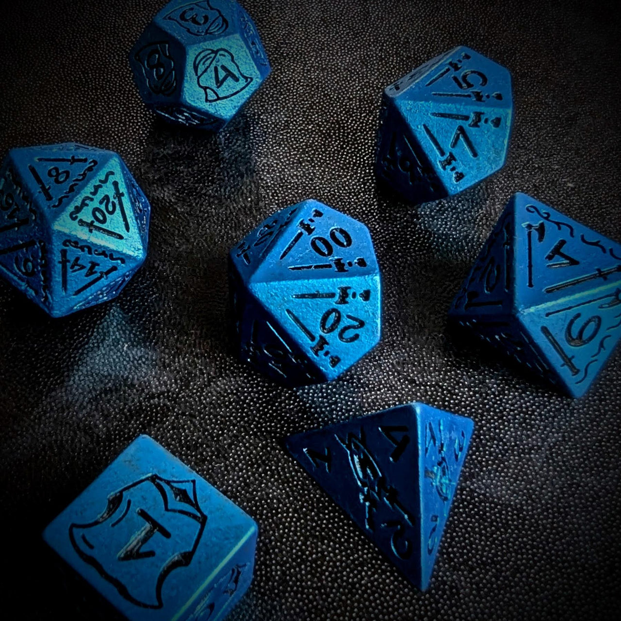 7pcs RPG Full Dice Set - Black Pattern on Blue Resin
