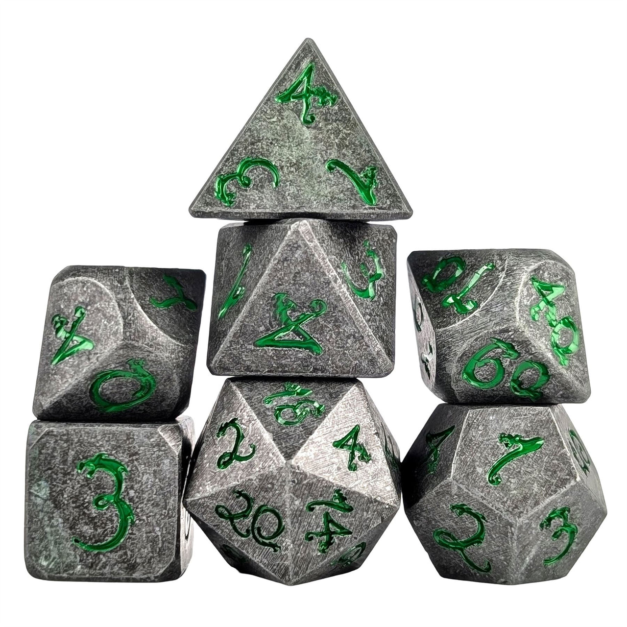 Silver Metal with Green Dragon Font - 7pcs RPG Dice Set