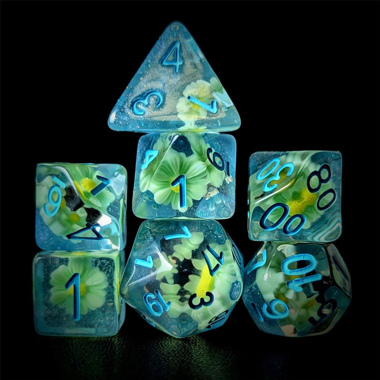 White Flowers in Clear & Blue Resin - 7pcs RPG Full Dice Set