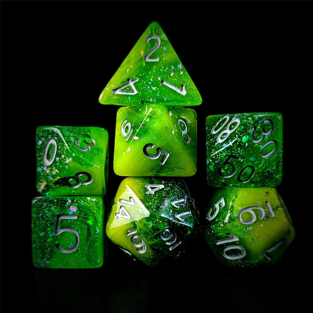 Glitter in Yellow & Green Resin - 7pcs RPG Full Dice Set