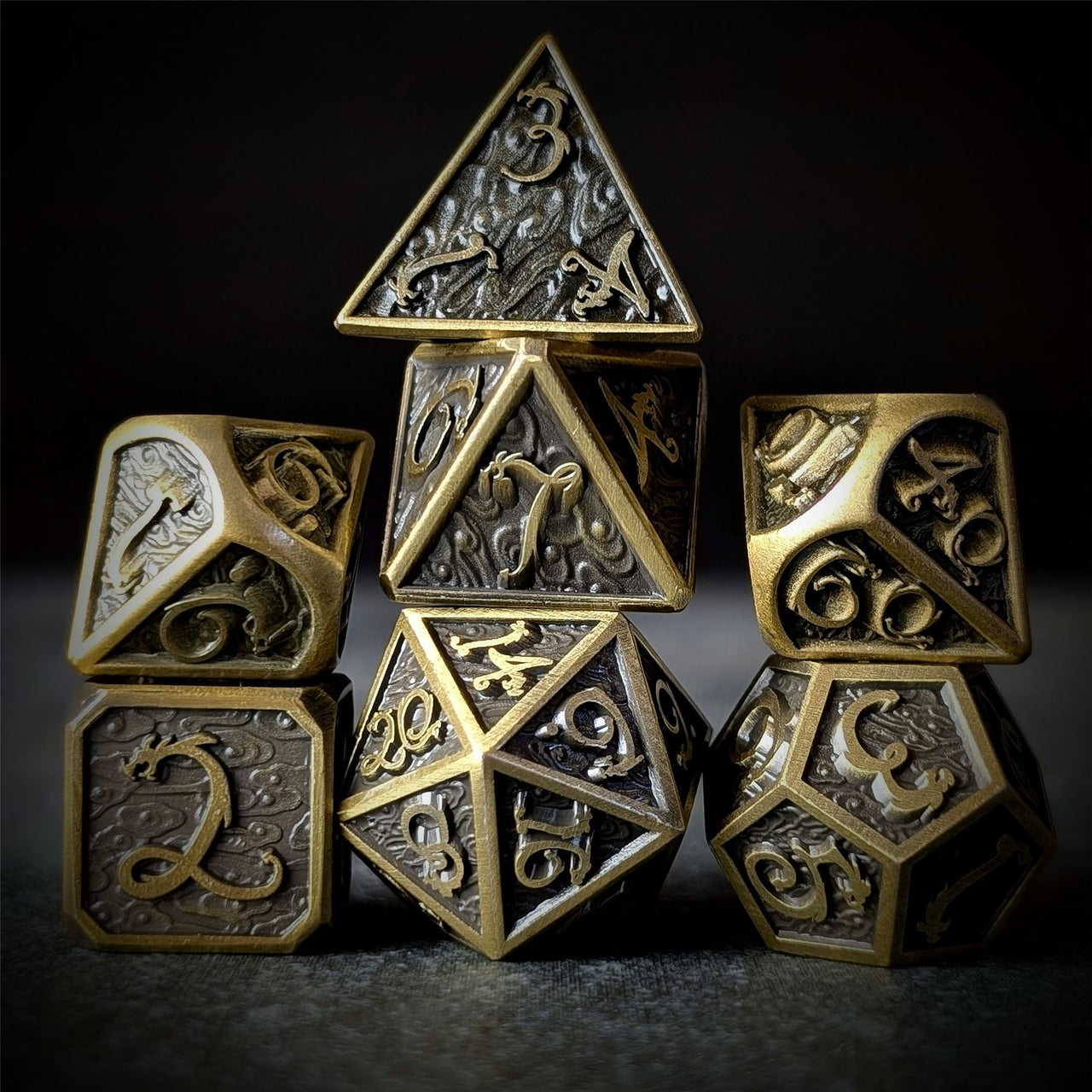 Bronze Metal with Dragon Font - 7pcs RPG Dice Set