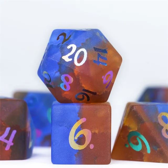 Cracked & Frosted Orange and Blue Glass - 7pcs RPG Dice Set