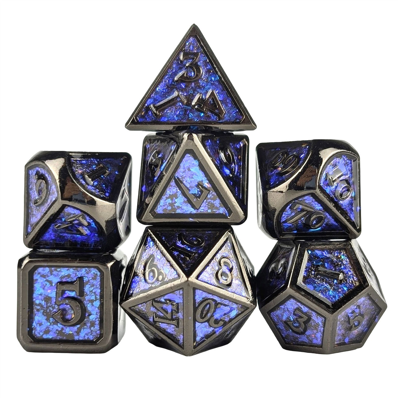 Glitter Blue Enamel in Black Metal - 7pcs RPG Dice Set