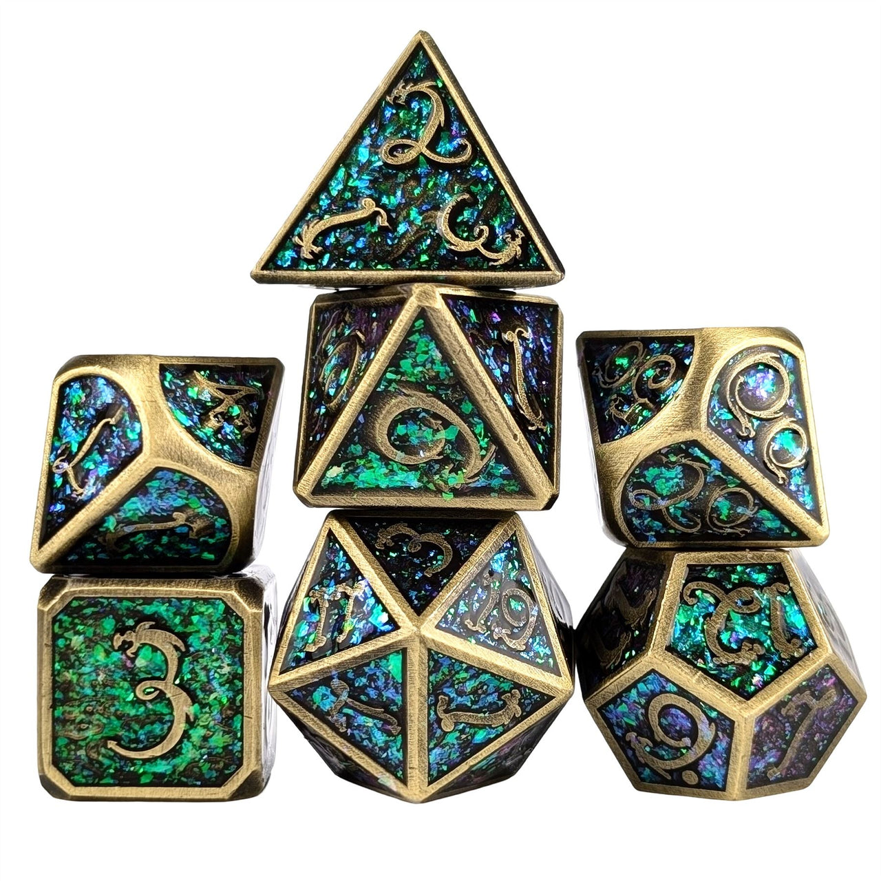 Glitter Pink Enamel in Bronze Metal - 7pcs RPG Dice Set