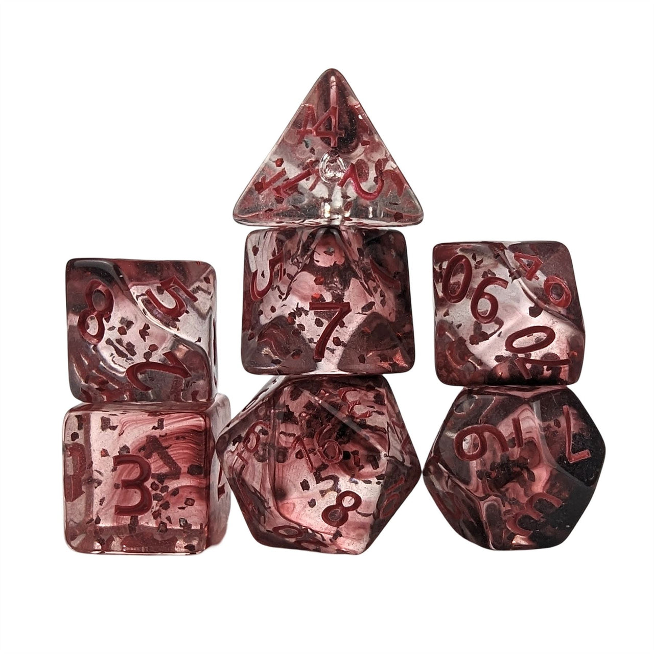 Glitter in Clear Red Acrylic - 7pcs RPG Full Dice Set White Stack