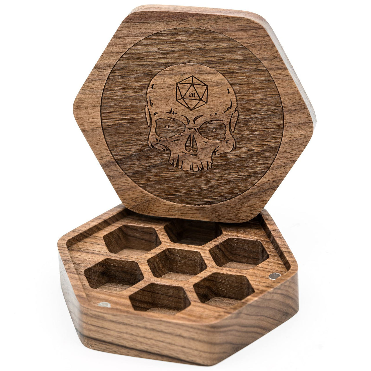 Skull on Walnut Wood with 7 Slots -  Magnetic Dice Storage