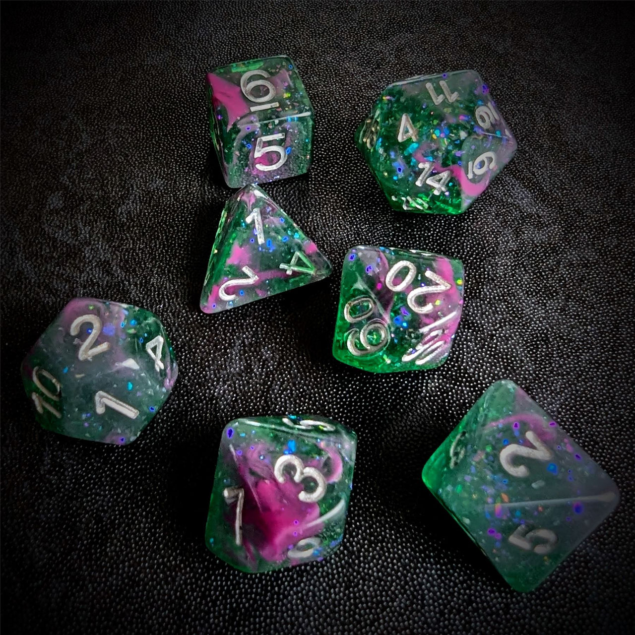 Glitter in Green & Pink Resin - 7pcs RPG Full Dice Set