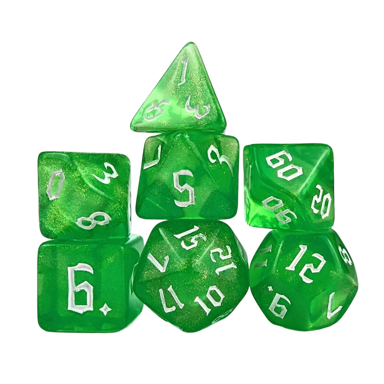 Glitter in Green Acrylic - 7pcs RPG Full Dice Set White Stack