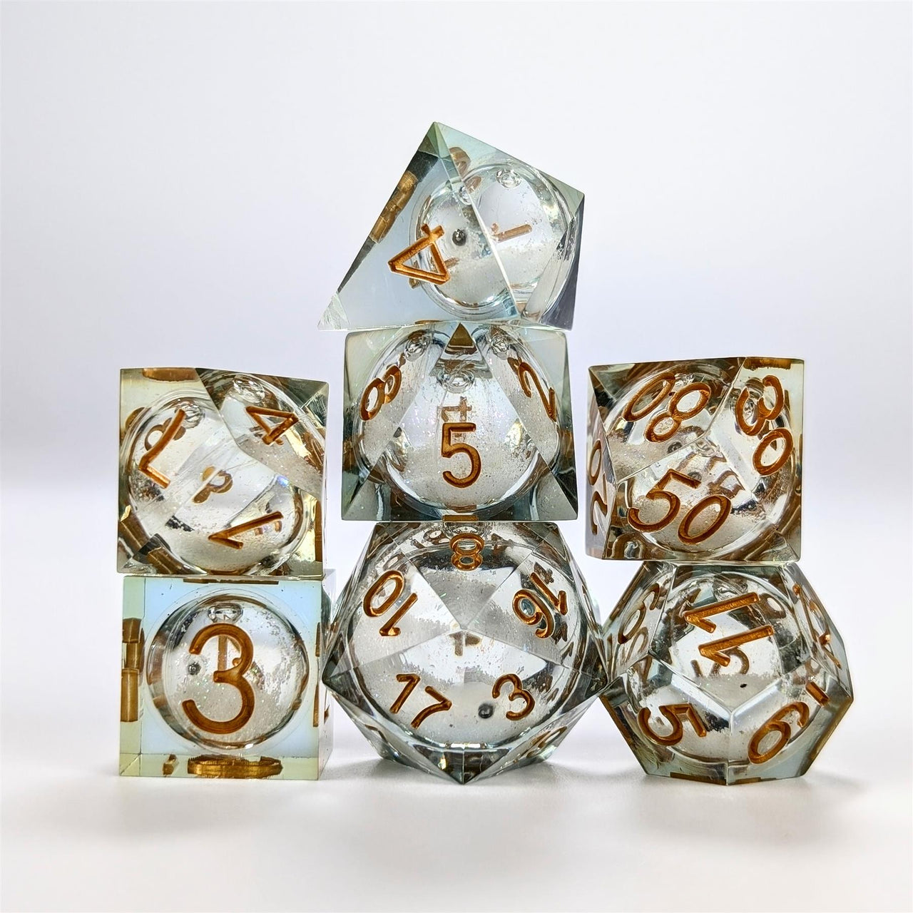 White Sand in Clear Liquid Filled Sharp Resin - 7pcs RPG Dice Set