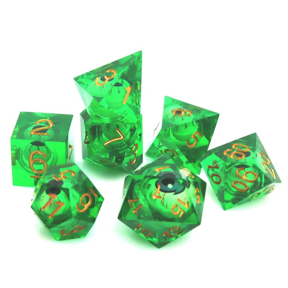 Green Eye Ball in Clear & Blue Liquid Filled Sharp Resin - 7pcs RPG Dice Set