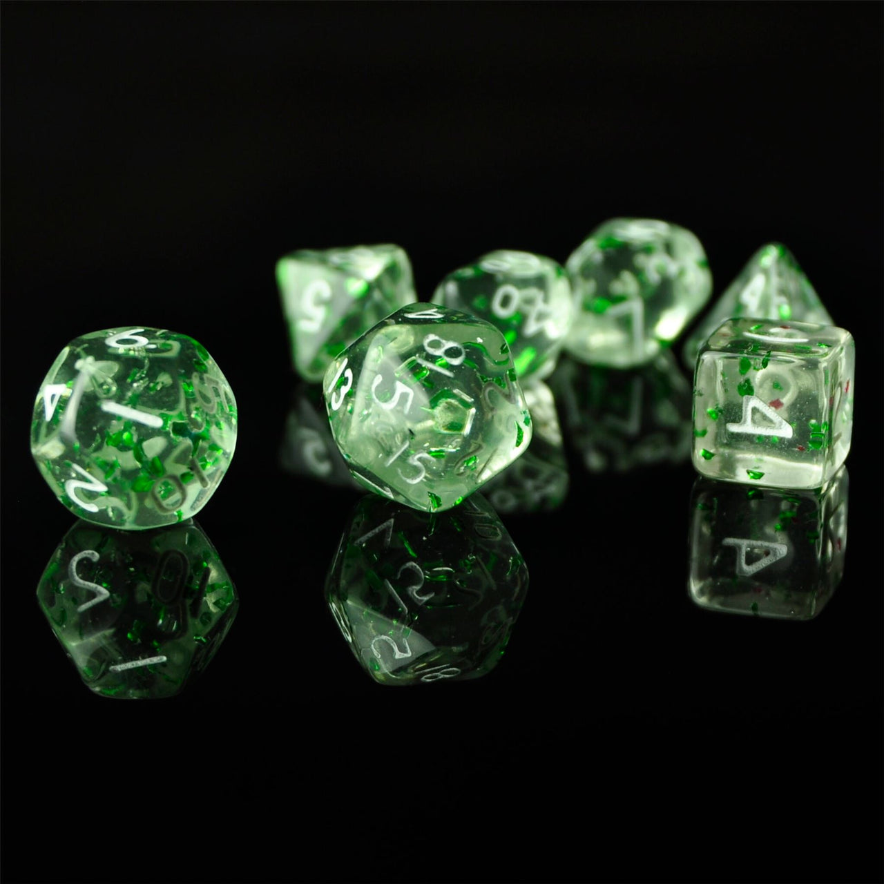 Glitter in Clear & Green Acrylic - 7pcs RPG Mini Dice Set