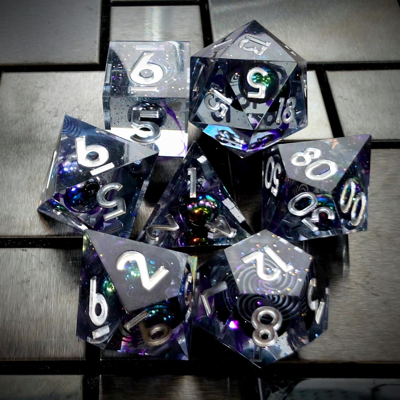 Bead Swirl in Purple & Clear Filled Sharp Resin - 7pcs RPG Dice Set