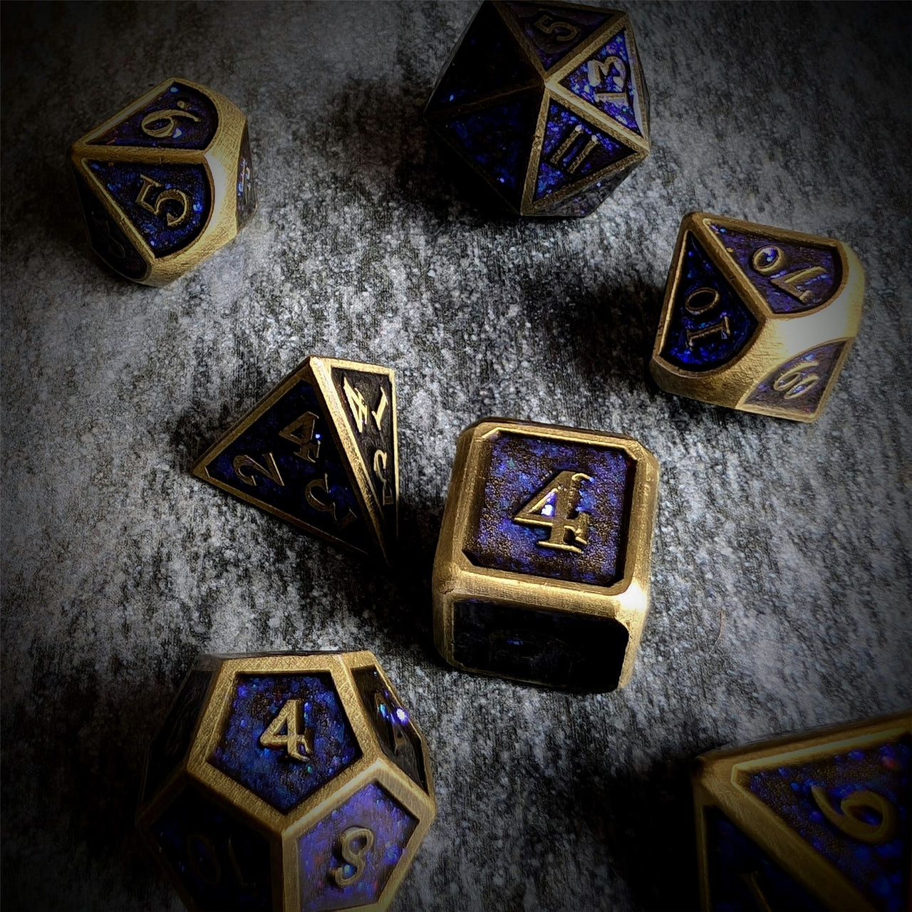 Glitter Blue Enamel in Bronze Metal - 7pcs RPG Dice Set