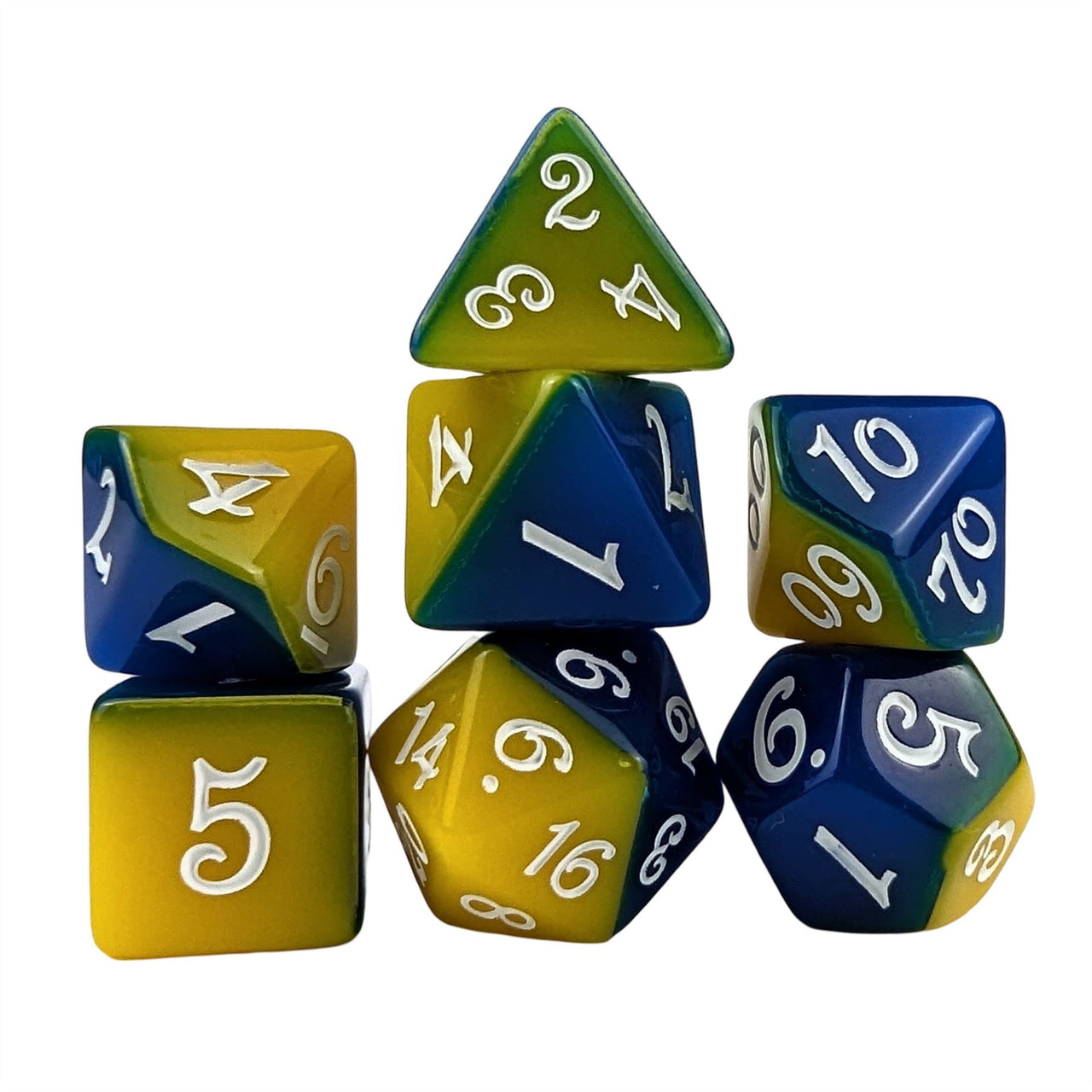 Blend of Yellow & Blue Acrylic - 7pcs RPG Full Dice Set White Stack