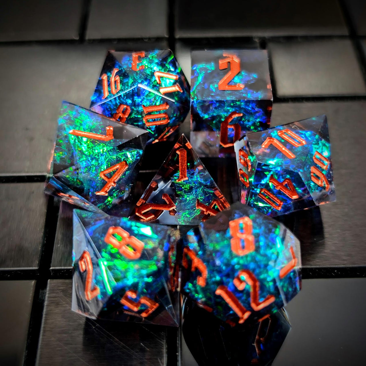 Candy in Blue & Green Sharp Resin - 7pcs RPG Dice Set